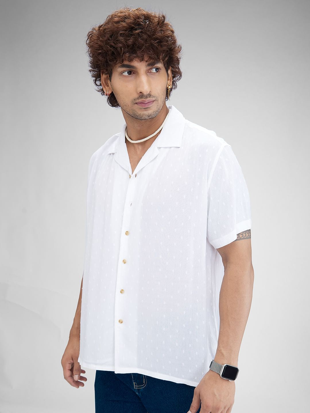 Dobby White Oversized Crepe Shirt