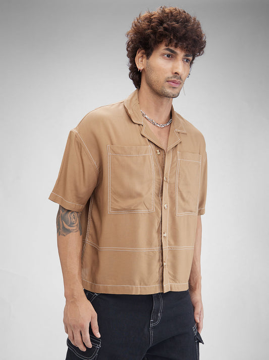 Khaki Double Pocket Oversized Cropped Shirt