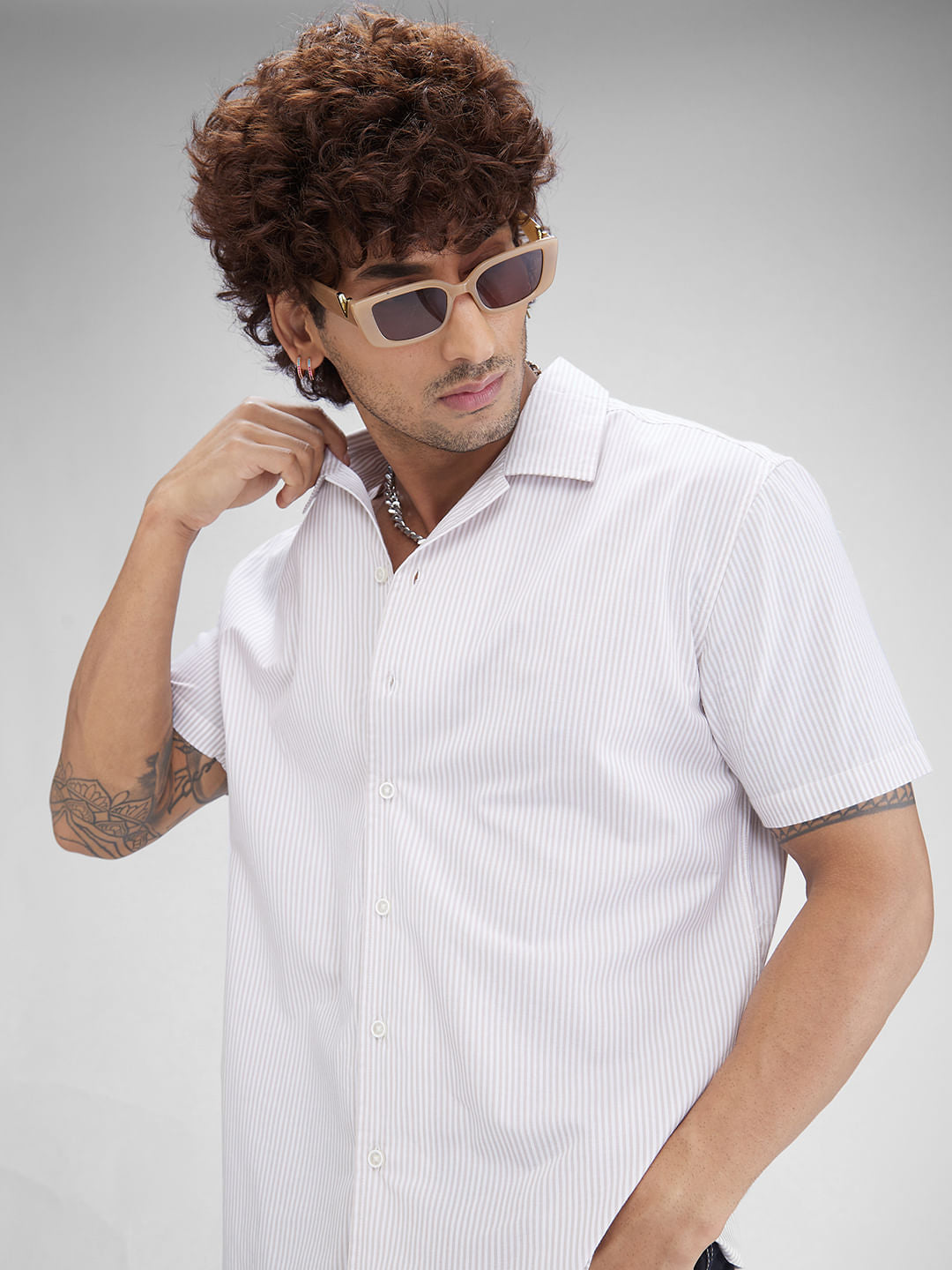 Beige Striped Oversized Resort Collar Shirt