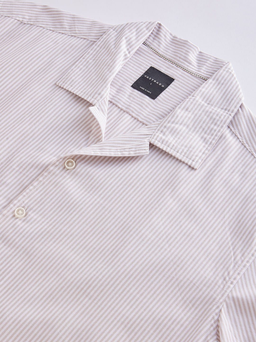 Beige Striped Oversized Resort Collar Shirt