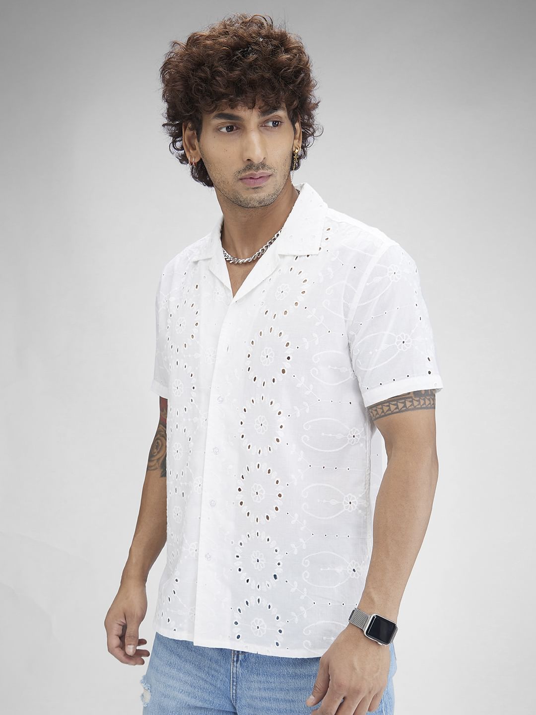 White Schiffli Oversized Resort Collar Shirt