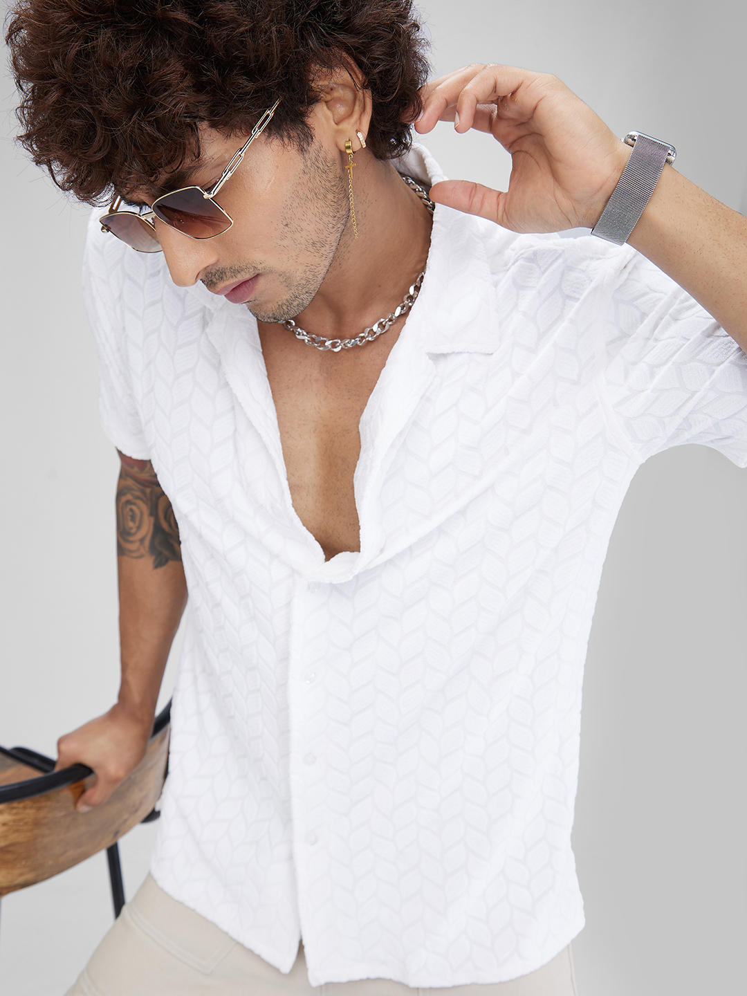 White Retro Geometric Leafy Jacquard Shirt