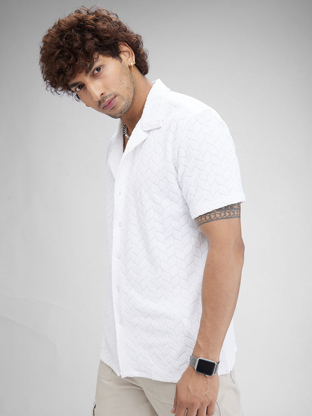 White Retro Geometric Leafy Jacquard Shirt