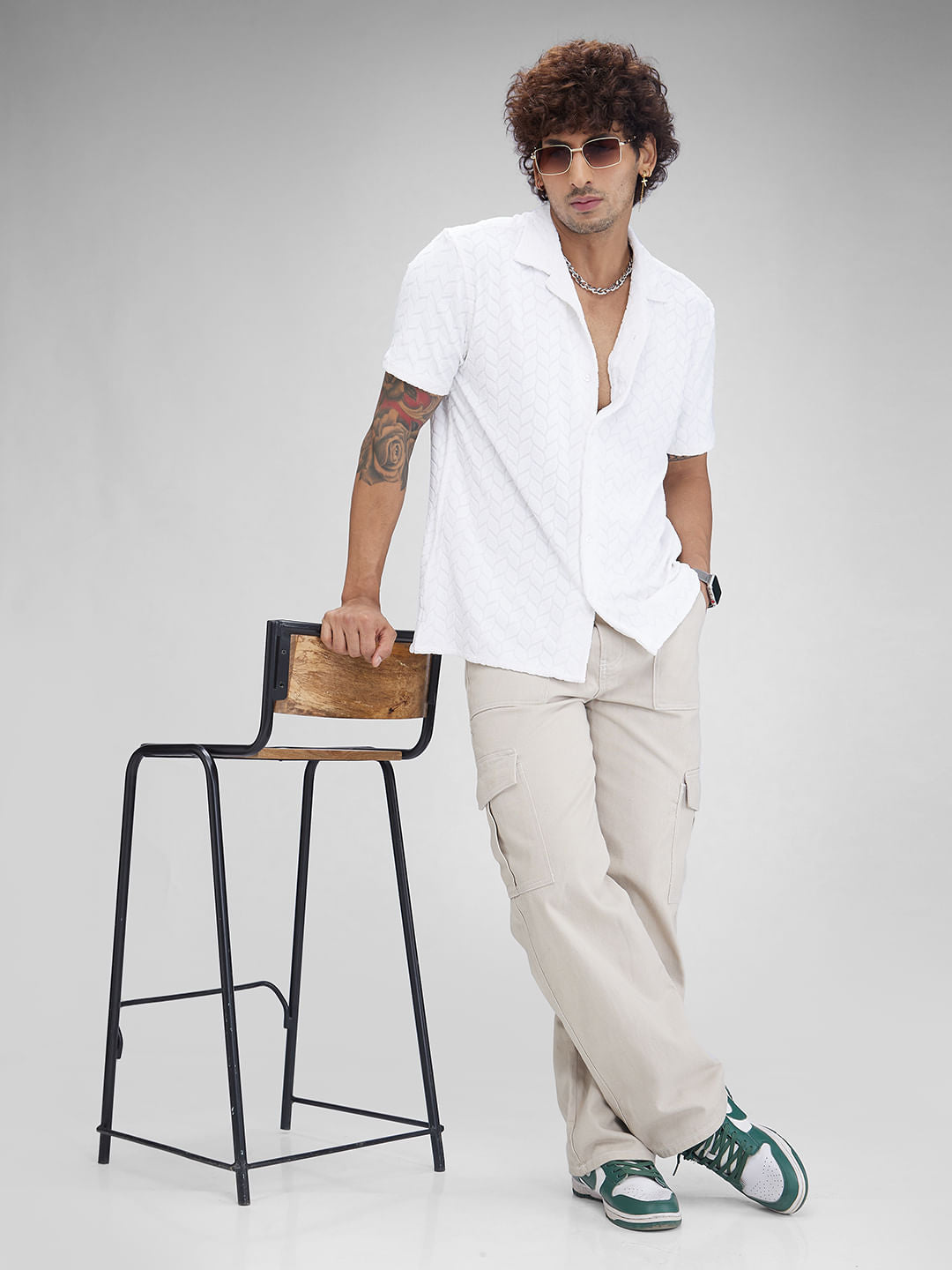 White Retro Geometric Leafy Jacquard Shirt