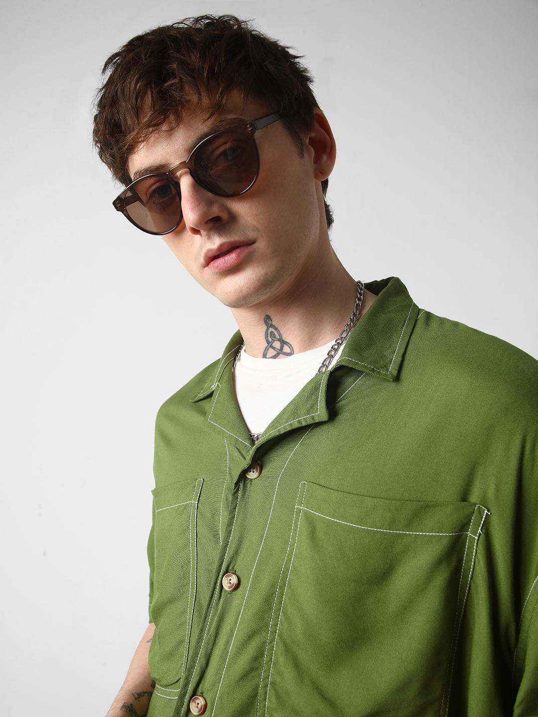Olive Double Pocket Oversized Cropped Shirt
