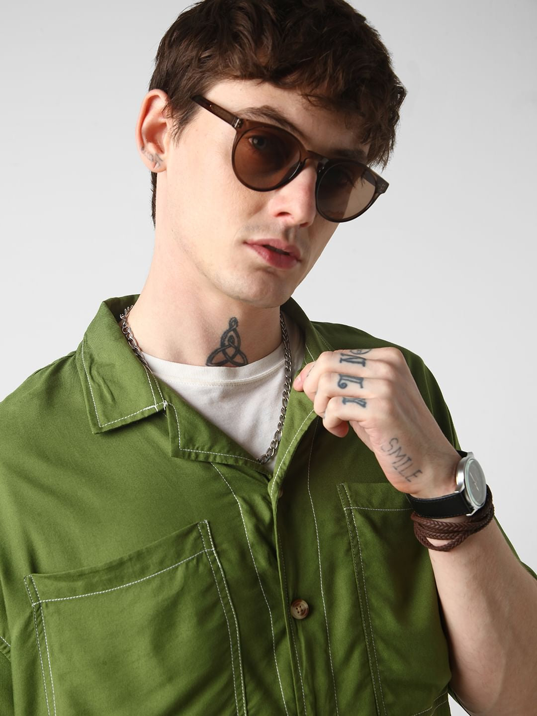 Olive Double Pocket Oversized Cropped Shirt
