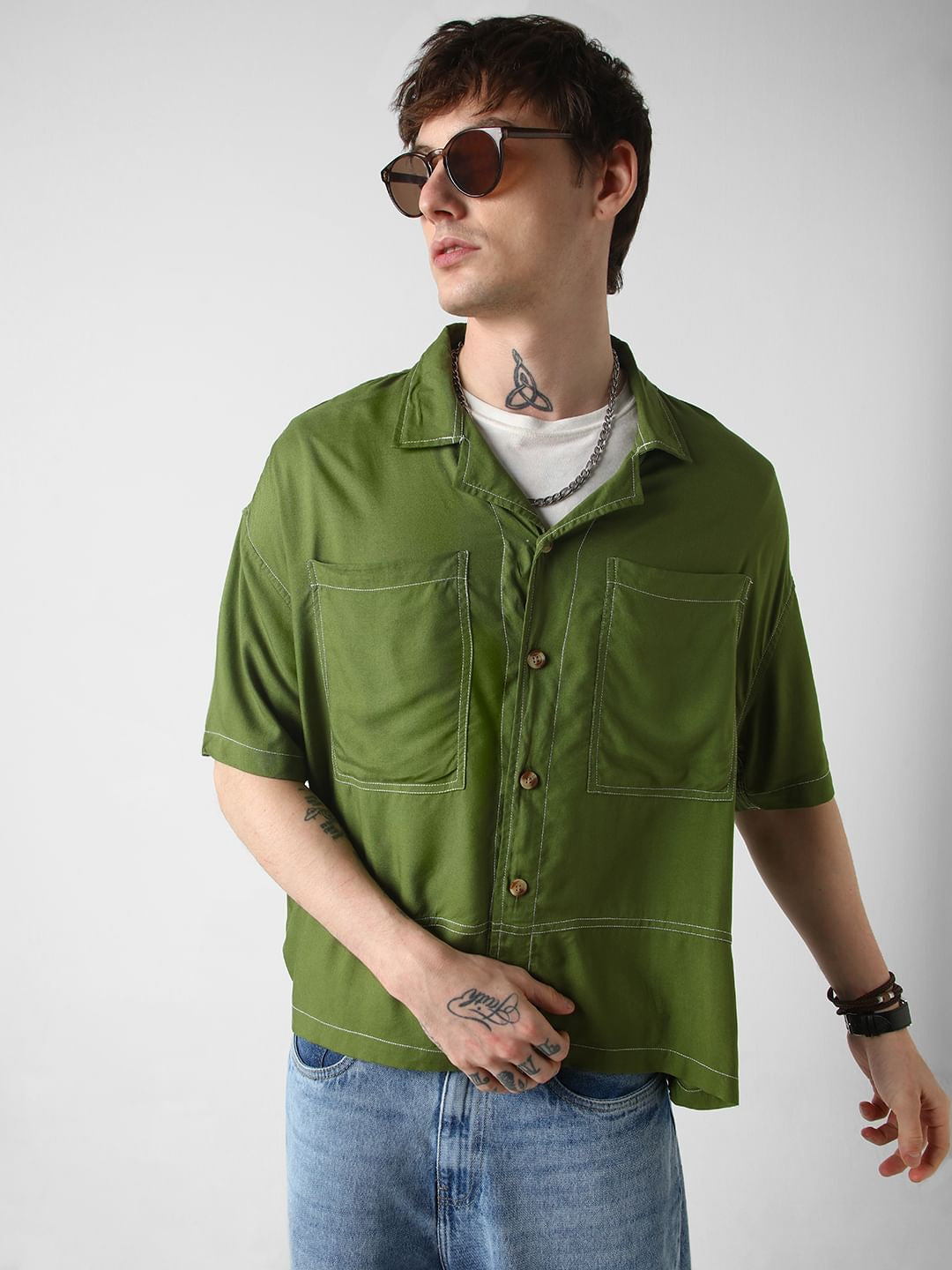 Olive Double Pocket Oversized Cropped Shirt
