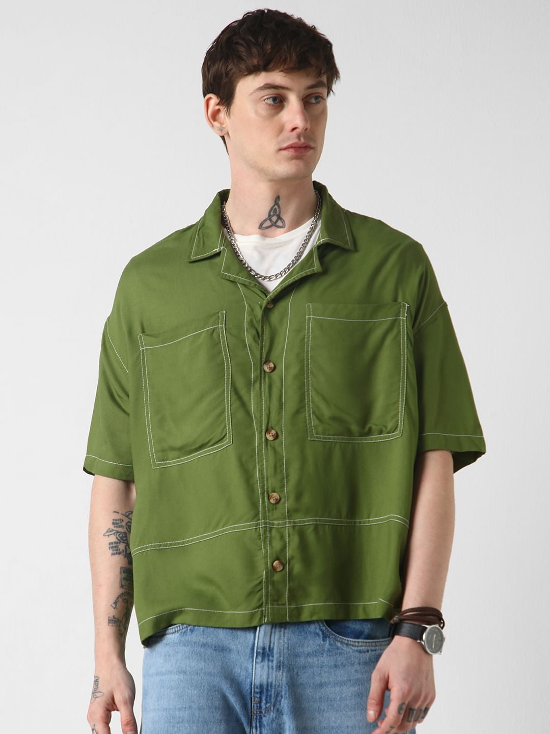 Olive Double Pocket Oversized Cropped Shirt