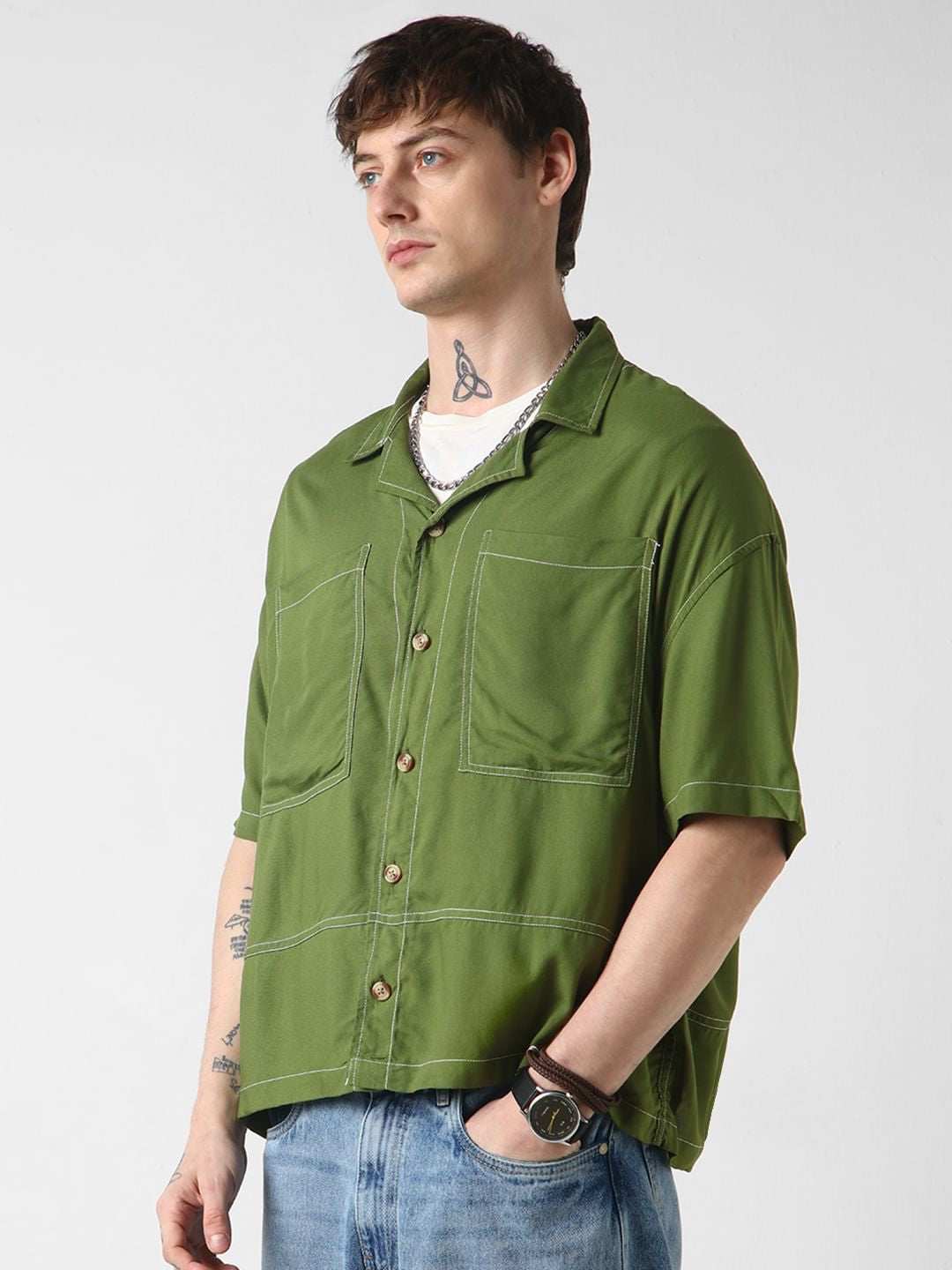 Olive Double Pocket Oversized Cropped Shirt