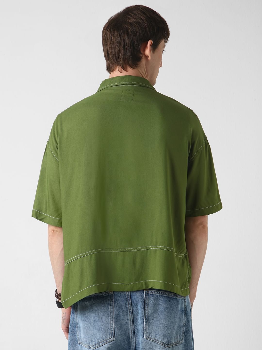 Olive Double Pocket Oversized Cropped Shirt