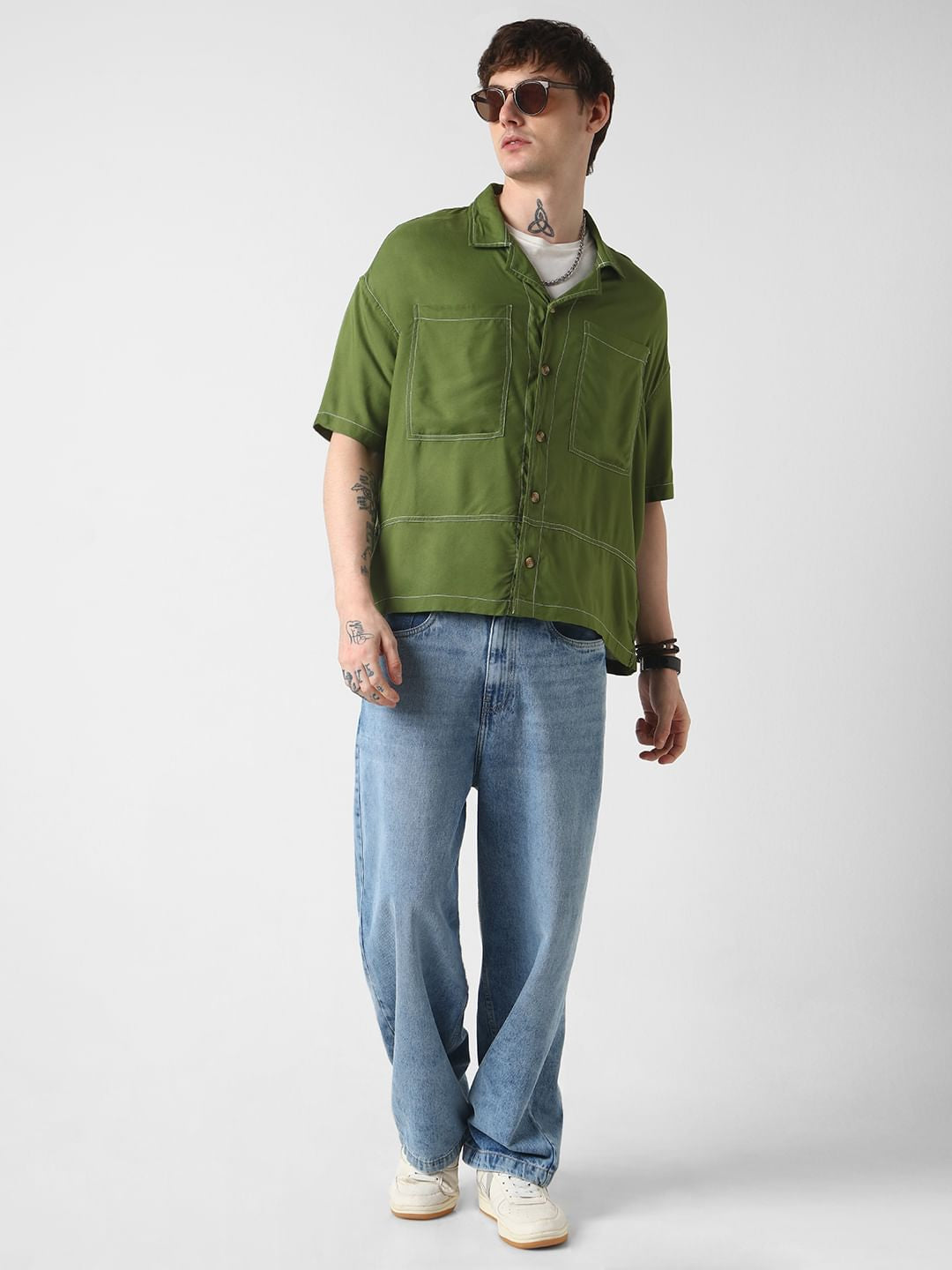 Olive Double Pocket Oversized Cropped Shirt