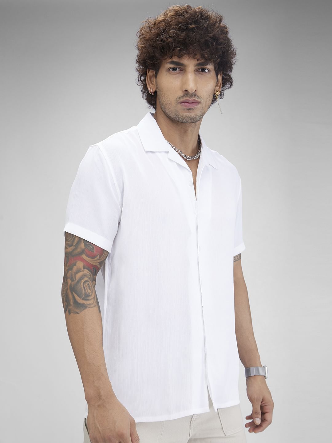 White Crepe Oversized Resort Collar Shirt