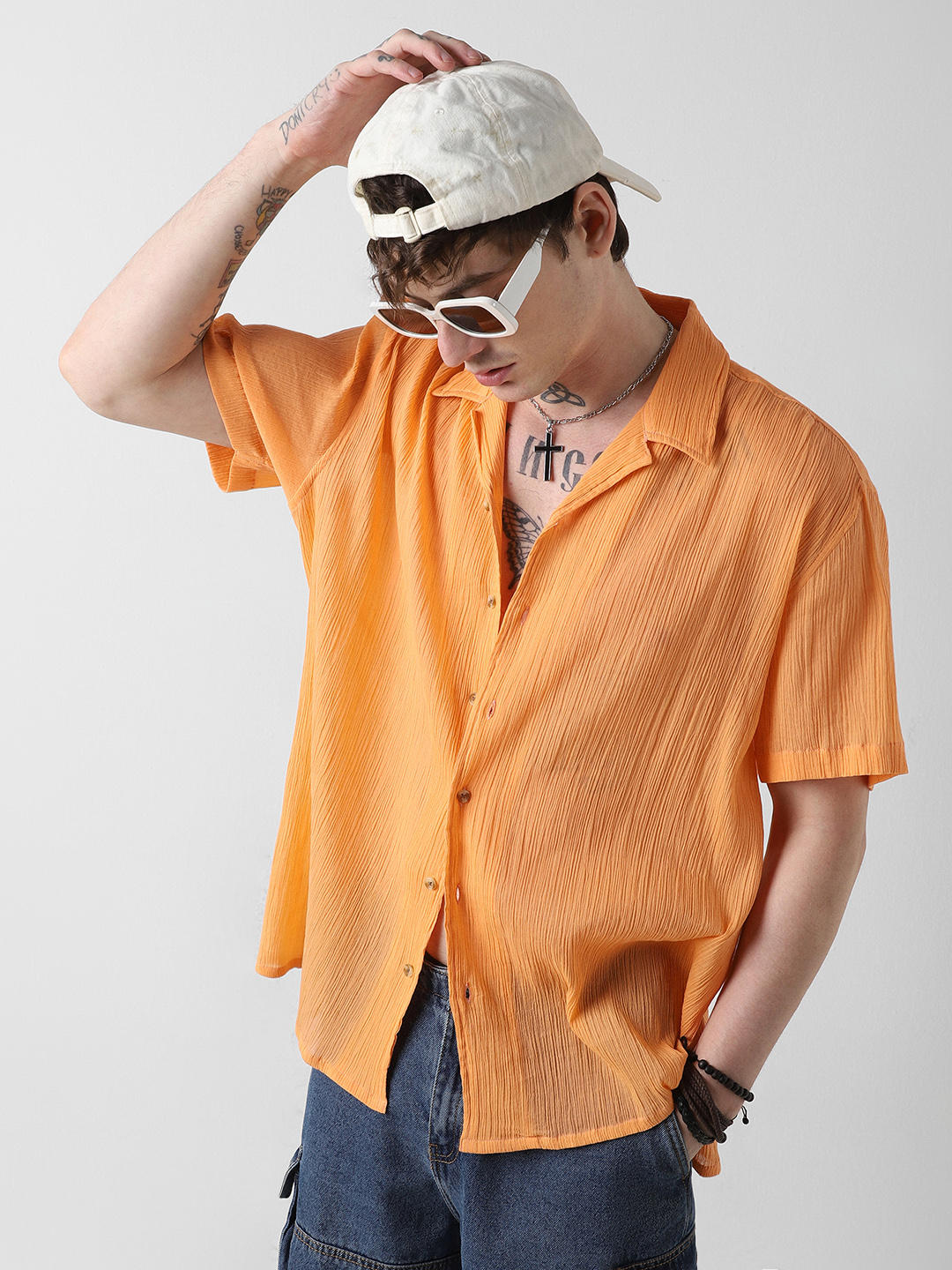 Candy Orange Crepe Notch Collar Oversized Shirt