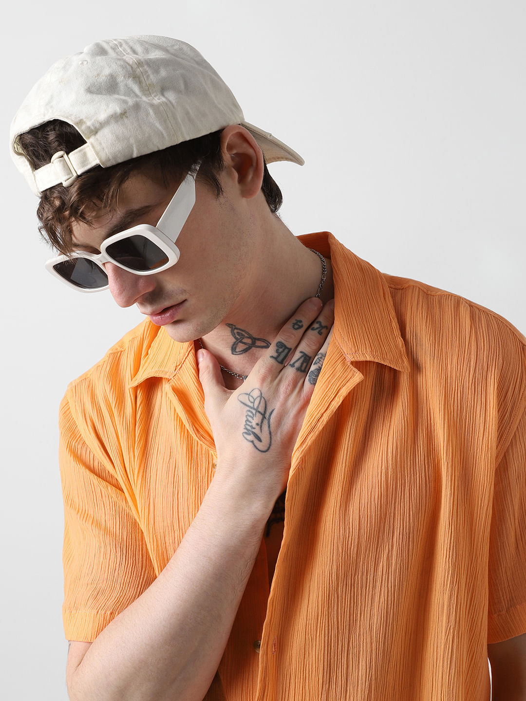 Candy Orange Crepe Notch Collar Oversized Shirt
