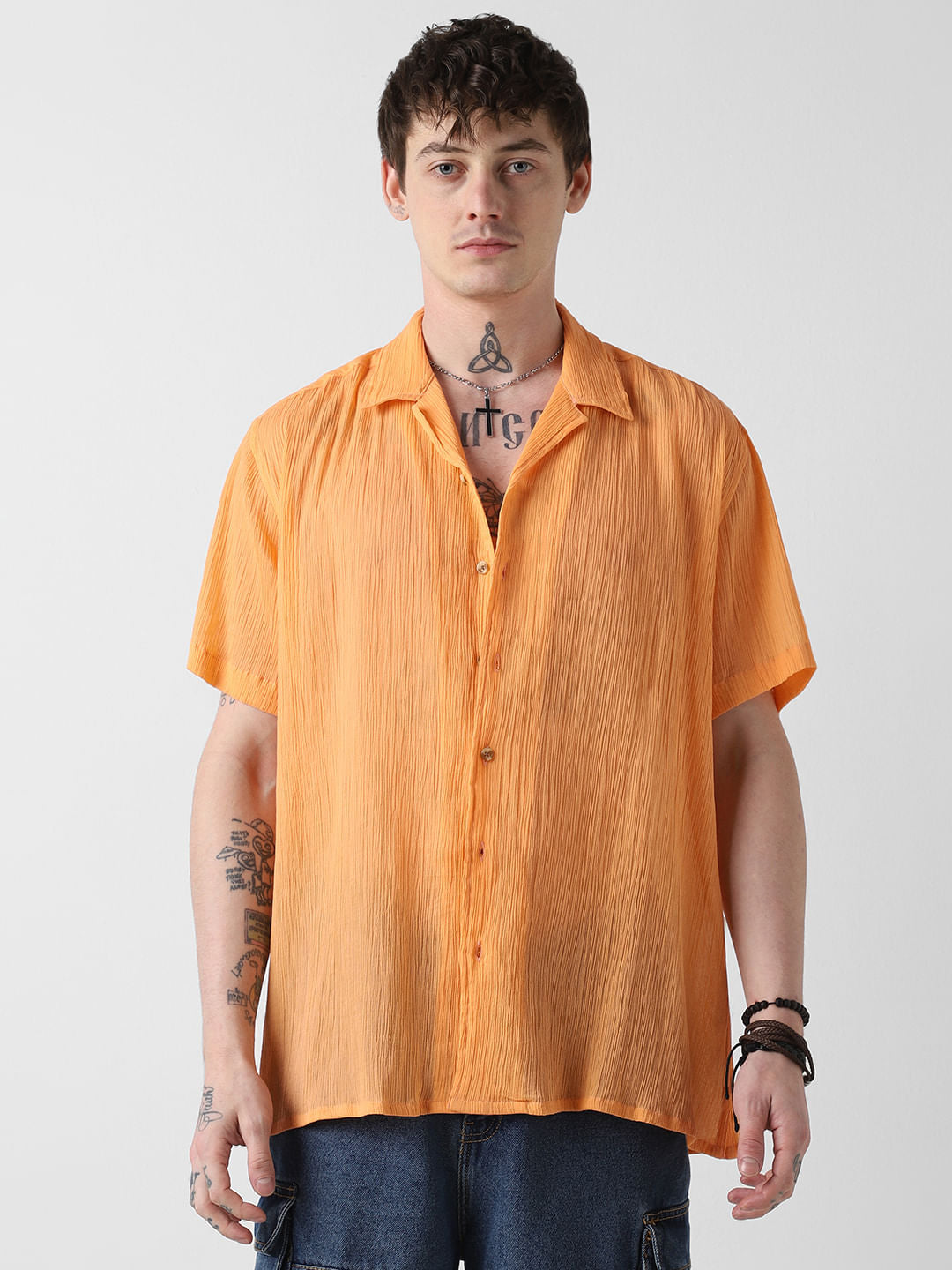 Candy Orange Crepe Notch Collar Oversized Shirt