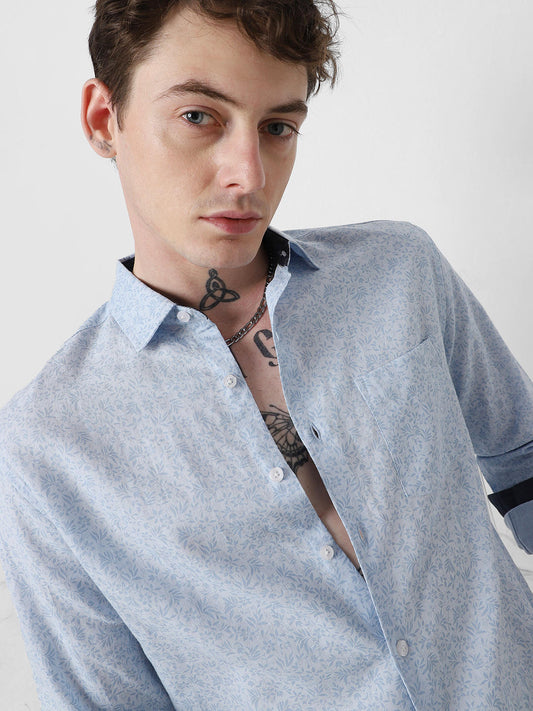 Baby Blue Tiny Floral Printed Shirt