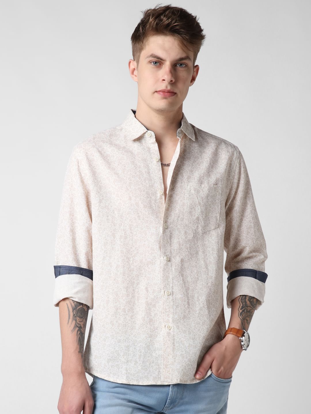 Beige Tiny Floral Printed Shirt