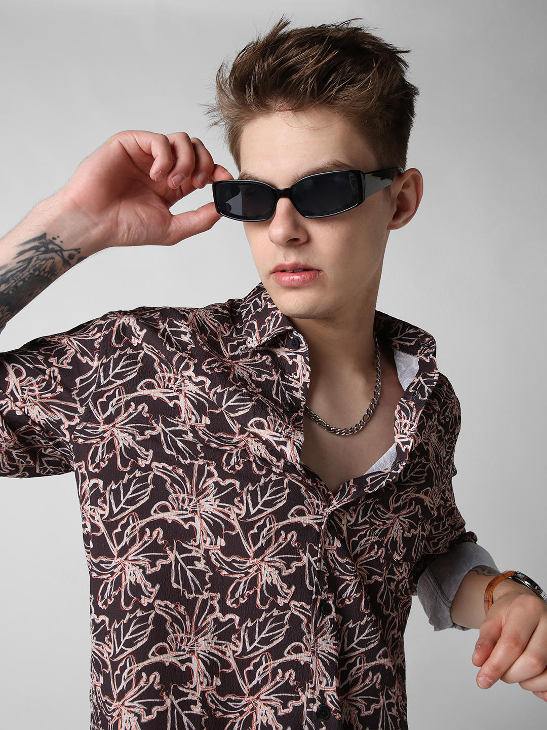 Grease Black Floral Printed Crinkled Shirt