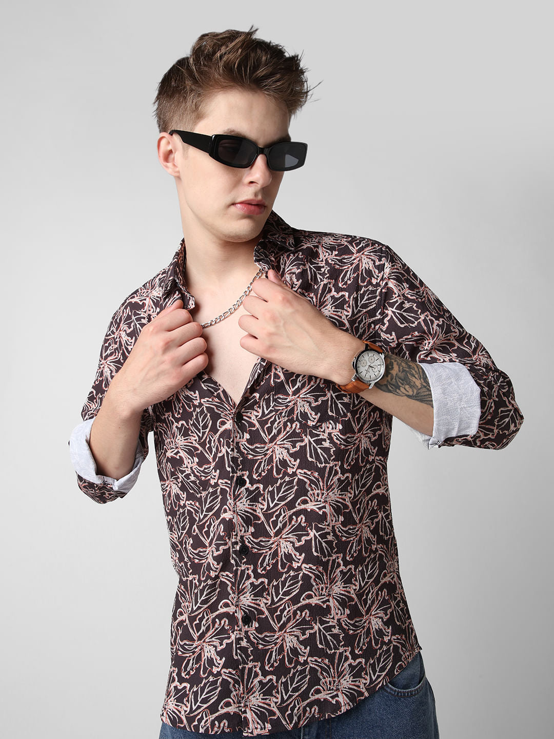 Grease Black Floral Printed Crinkled Shirt