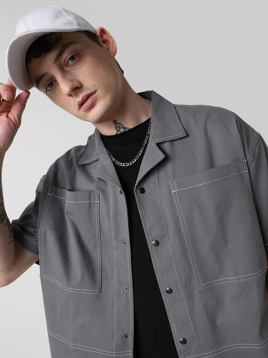 Vintage Grey Double Pocket Oversized Cropped Shirt