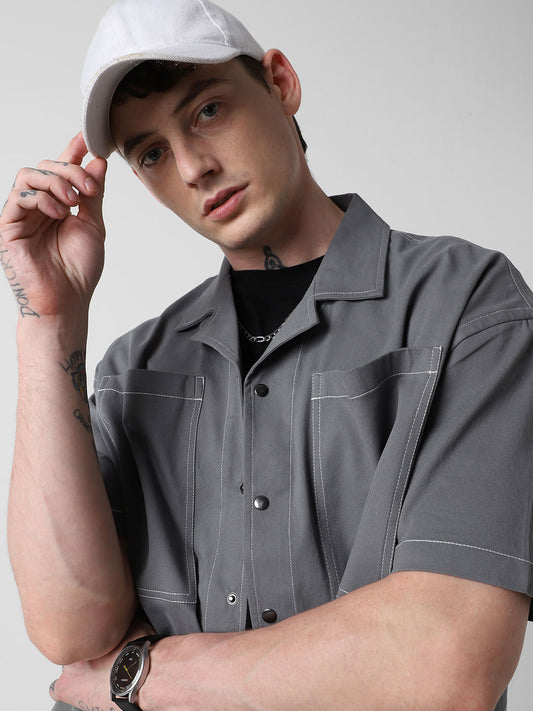 Vintage Grey Double Pocket Oversized Cropped Shirt