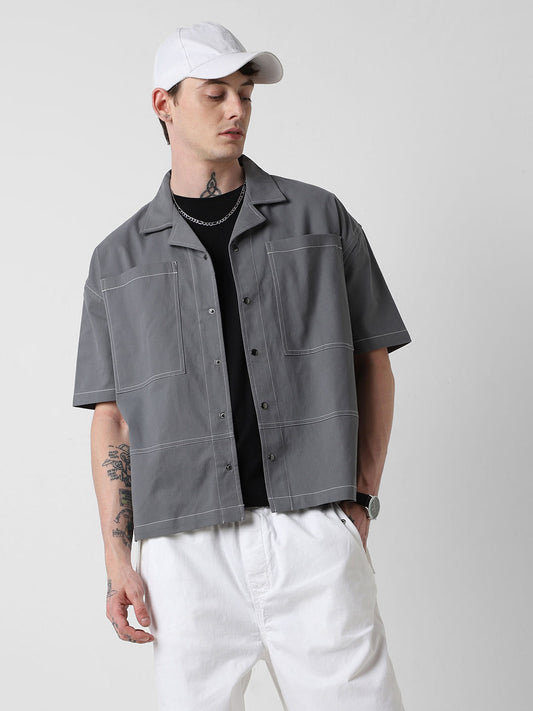 Vintage Grey Double Pocket Oversized Cropped Shirt