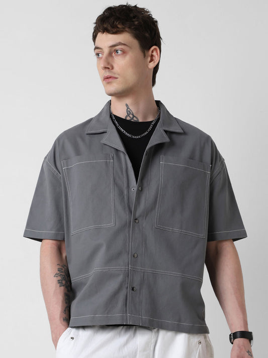 Vintage Grey Double Pocket Oversized Cropped Shirt