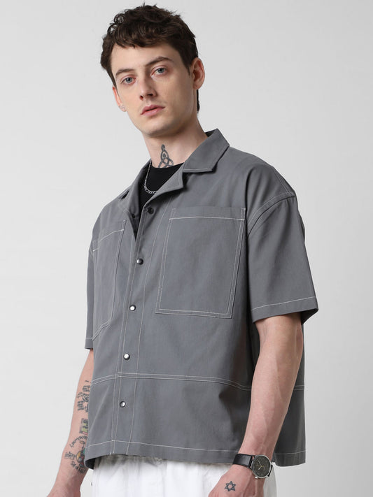 Vintage Grey Double Pocket Oversized Cropped Shirt