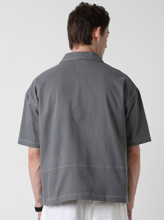 Vintage Grey Double Pocket Oversized Cropped Shirt