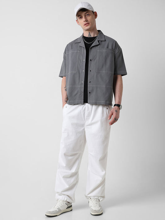 Vintage Grey Double Pocket Oversized Cropped Shirt