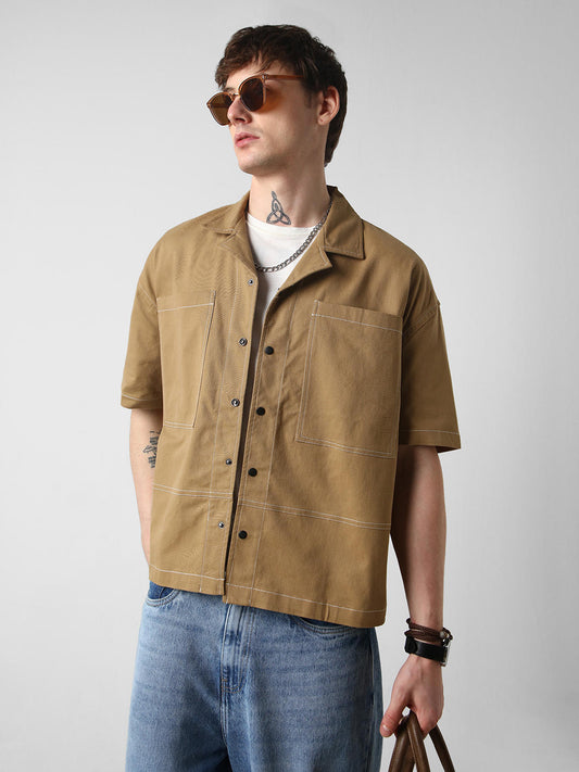 Khaki Double Pocket Oversized Cropped Shirt