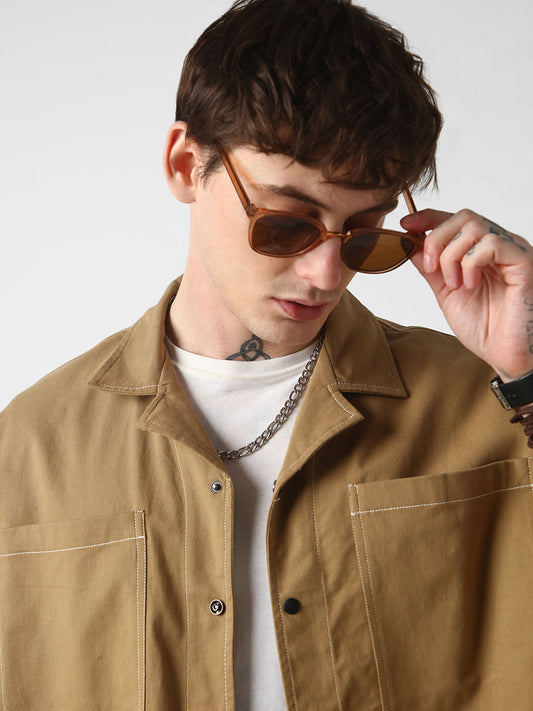 Khaki Double Pocket Oversized Cropped Shirt