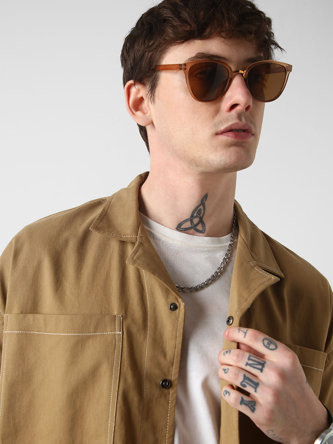 Khaki Double Pocket Oversized Cropped Shirt