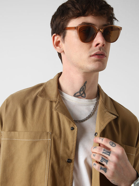 Khaki Double Pocket Oversized Cropped Shirt