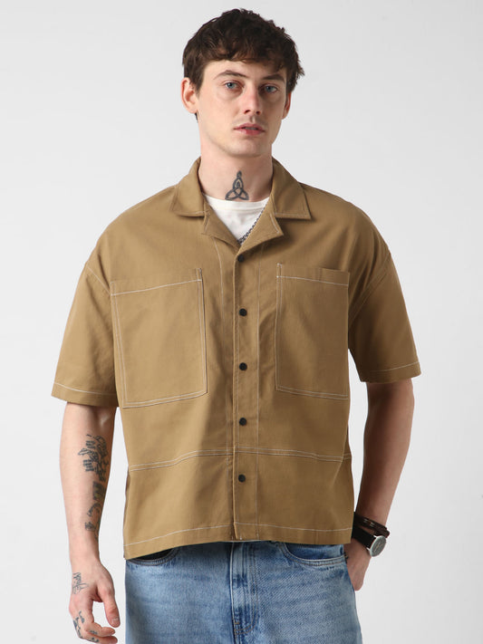 Khaki Double Pocket Oversized Cropped Shirt