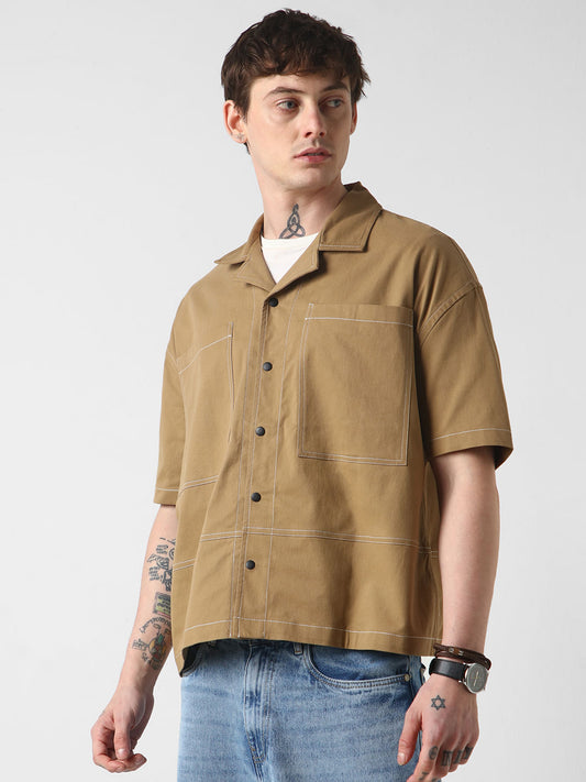 Khaki Double Pocket Oversized Cropped Shirt