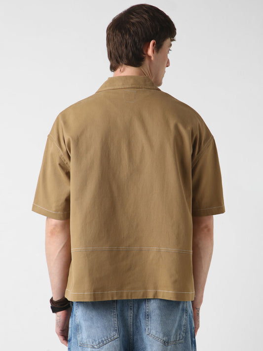 Khaki Double Pocket Oversized Cropped Shirt