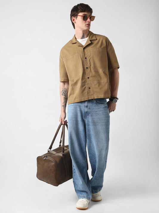 Khaki Double Pocket Oversized Cropped Shirt
