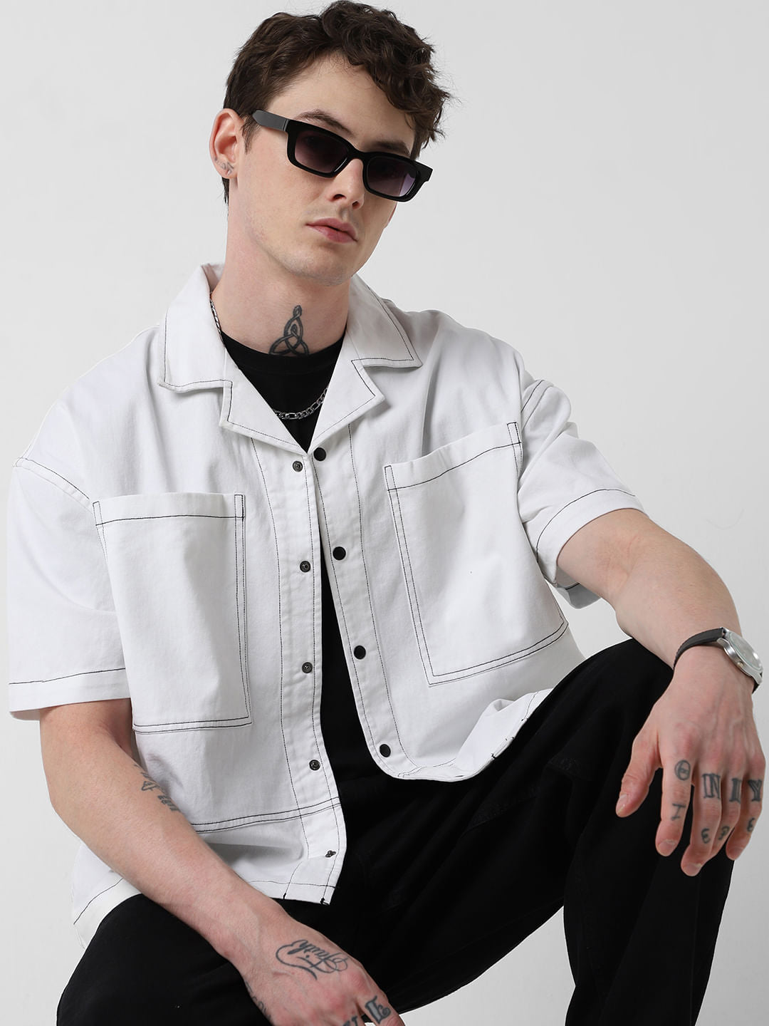 White Double Pocket Oversized Cropped Shirt