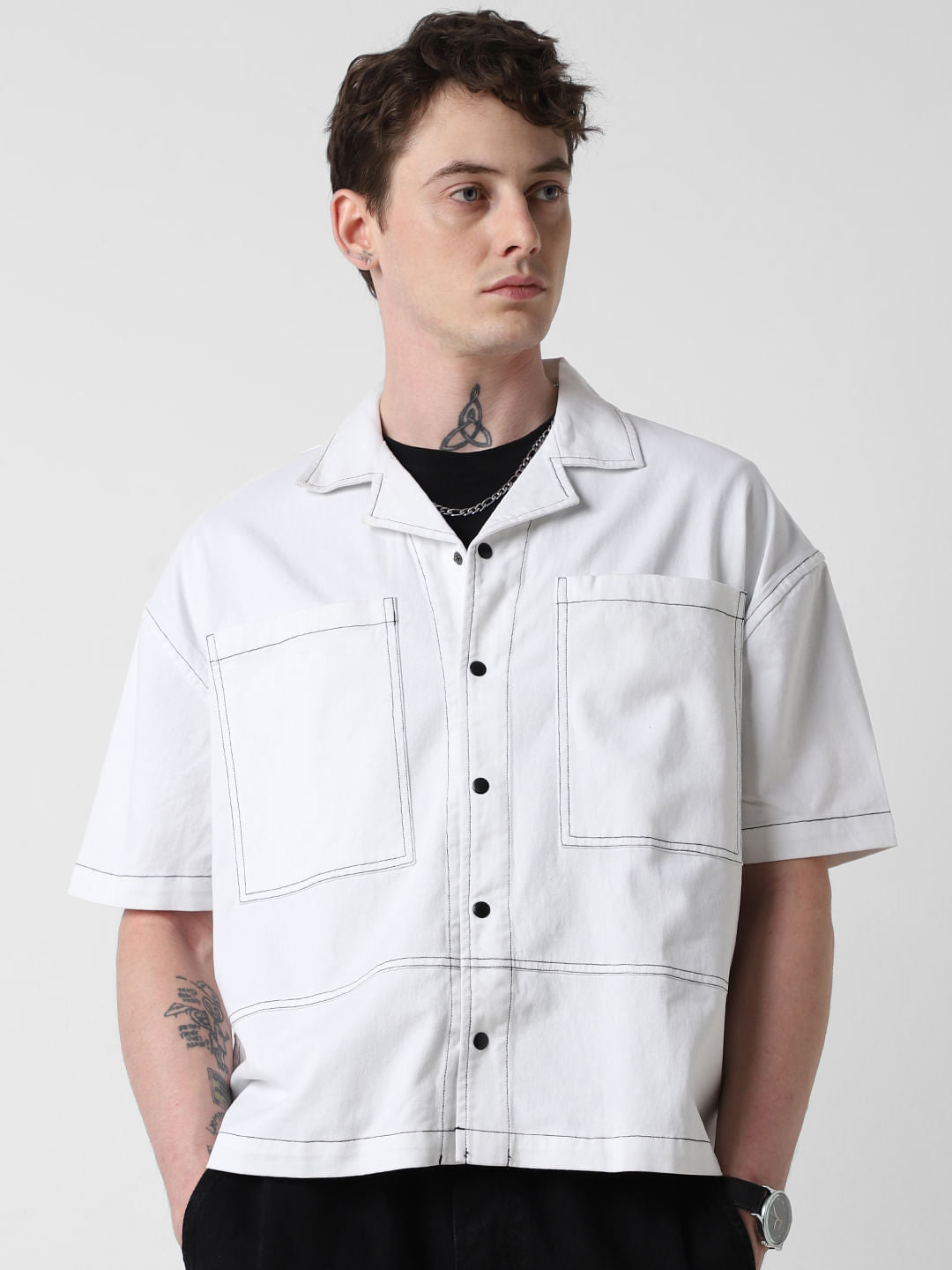 White Double Pocket Oversized Cropped Shirt
