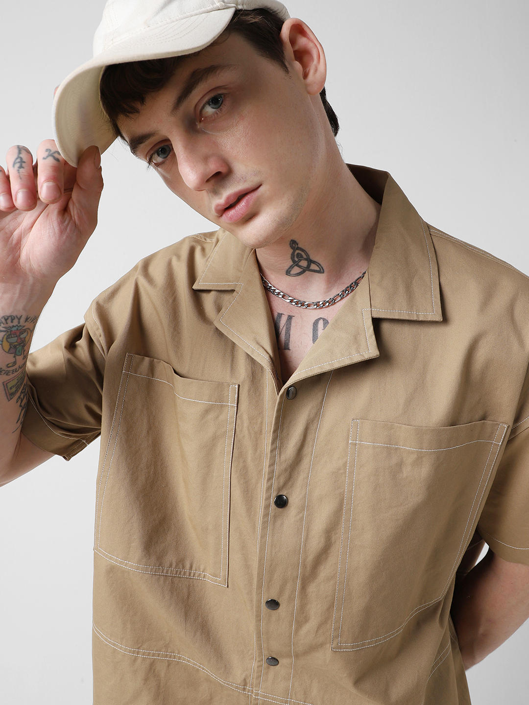Camel Brown Double Pocket Oversized Cropped Shirt