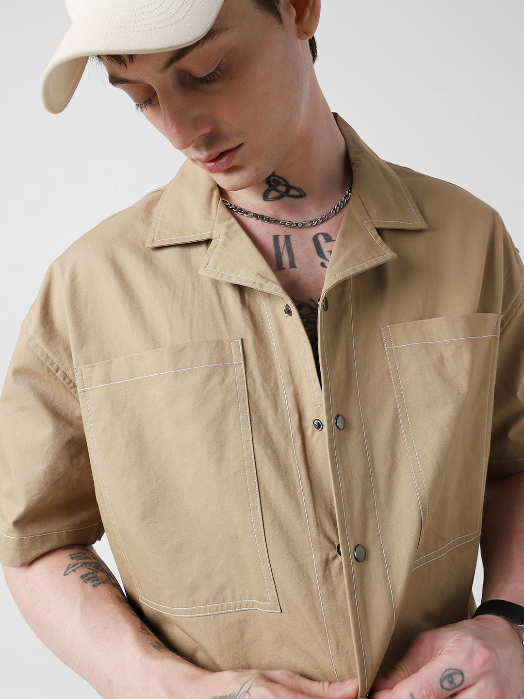Camel Brown Double Pocket Oversized Cropped Shirt