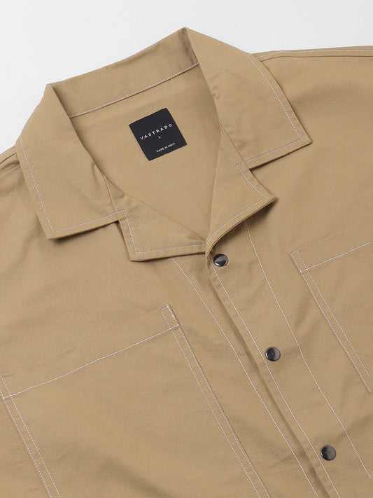 Camel Brown Double Pocket Oversized Cropped Shirt