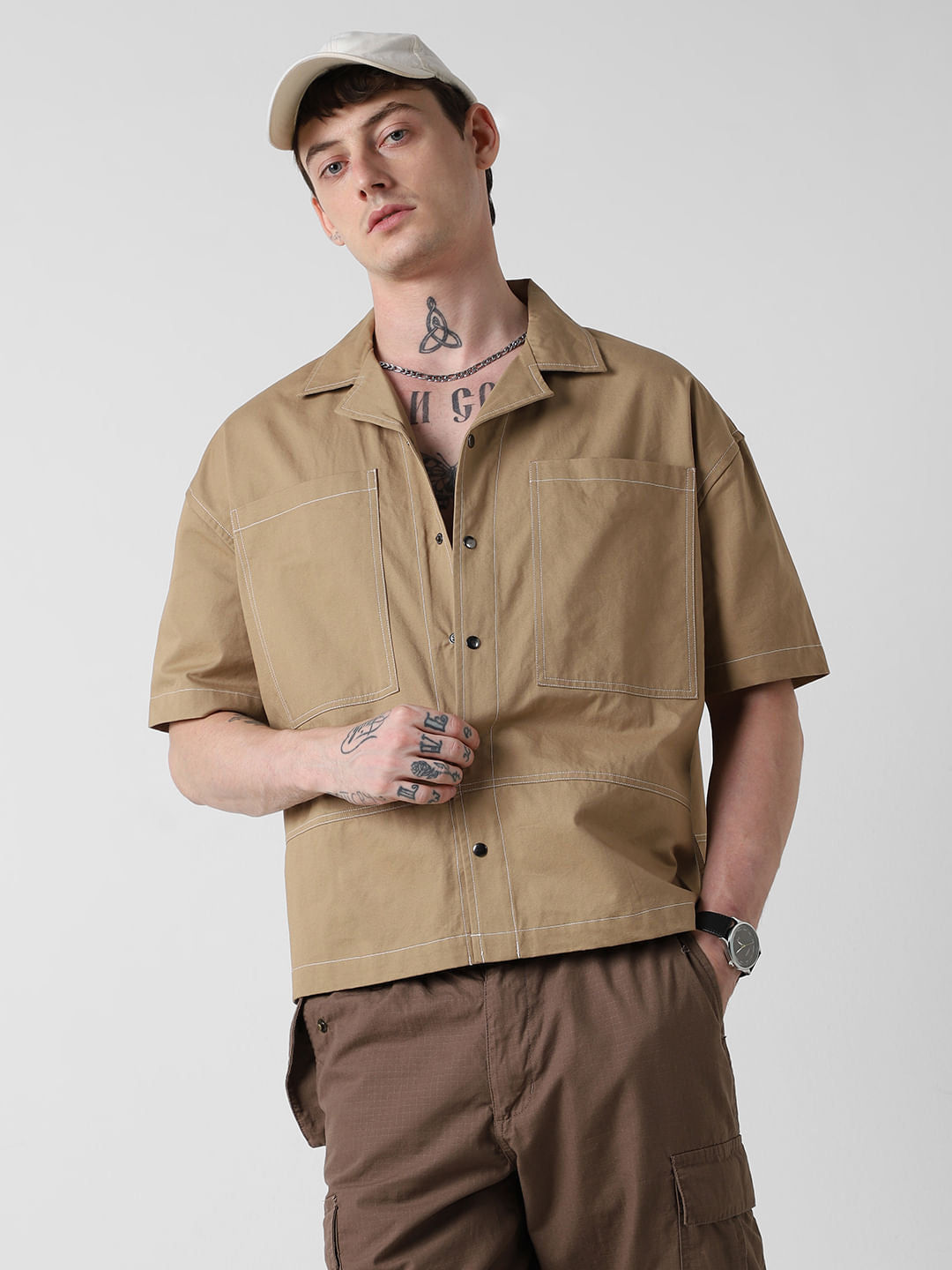 Camel Brown Double Pocket Oversized Cropped Shirt