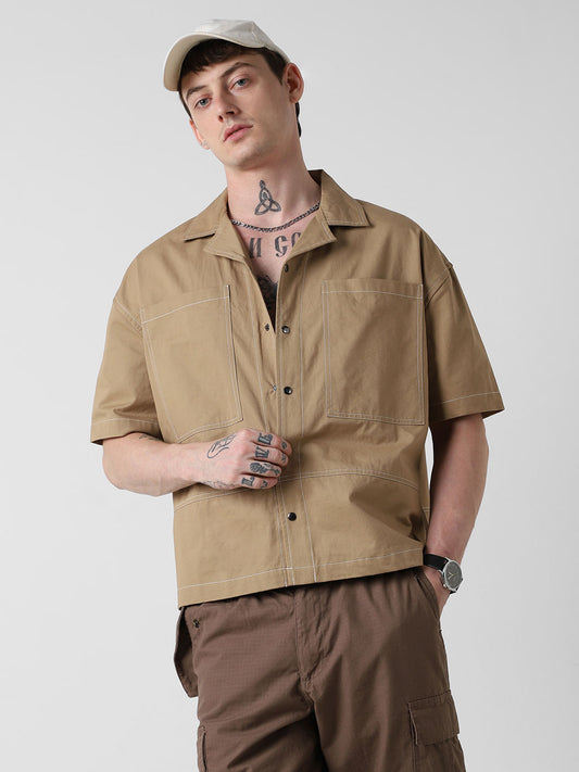 Camel Brown Double Pocket Oversized Cropped Shirt