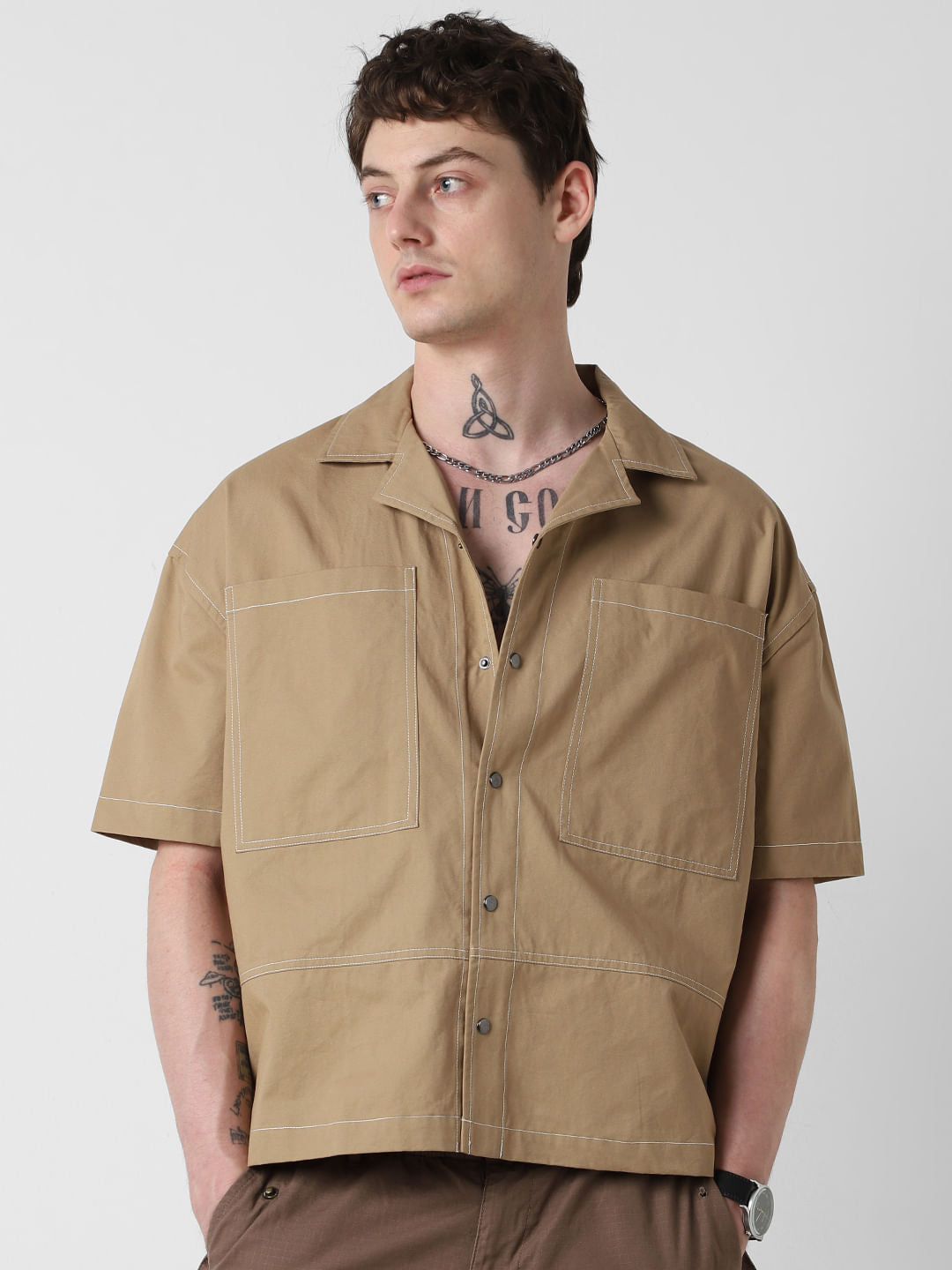 Camel Brown Double Pocket Oversized Cropped Shirt
