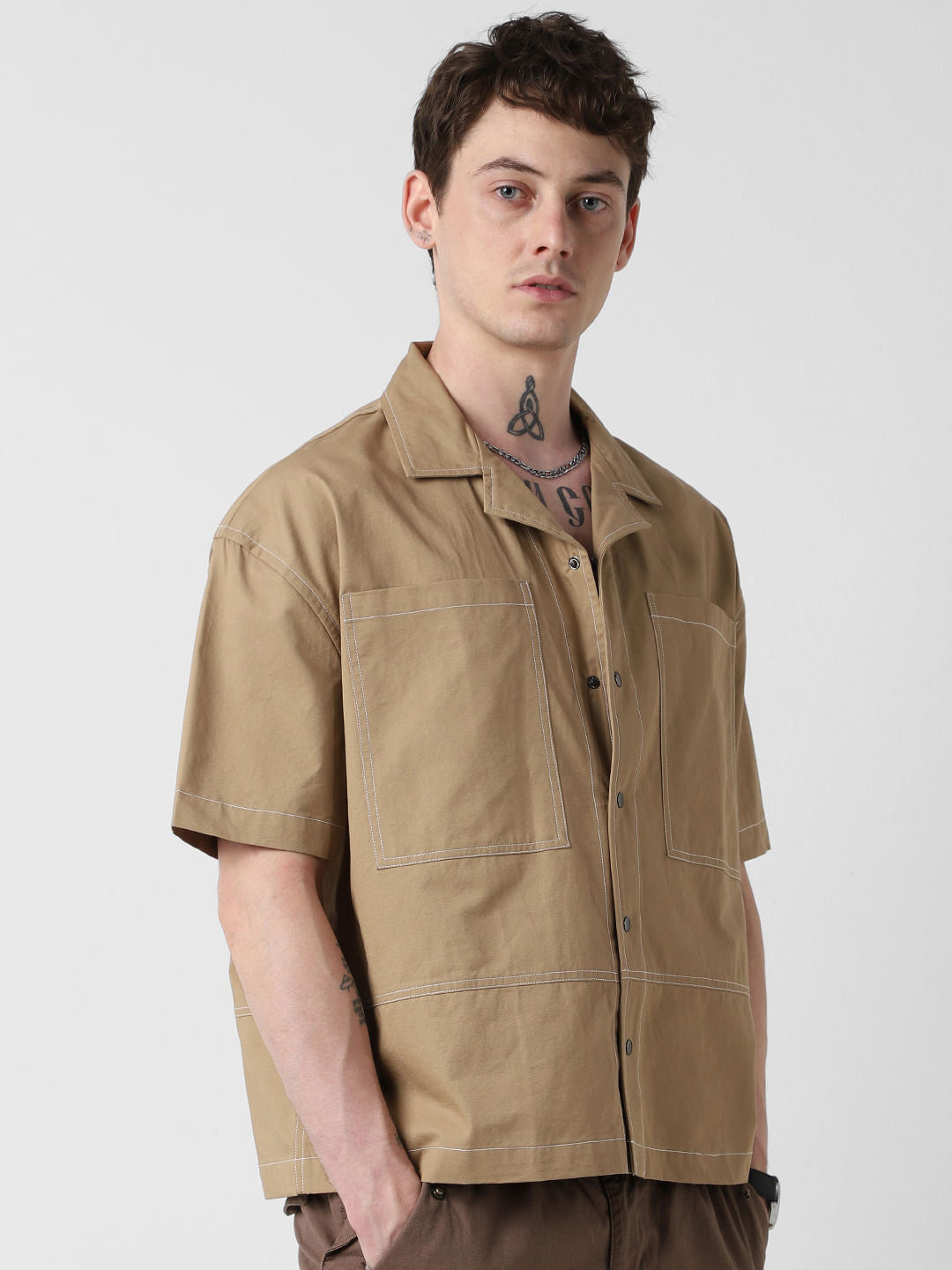 Camel Brown Double Pocket Oversized Cropped Shirt