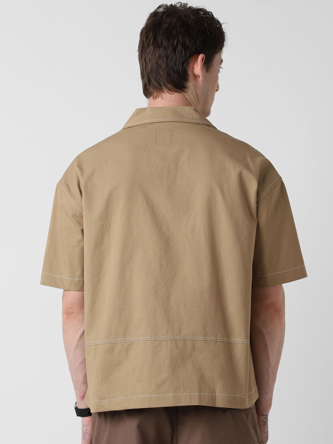 Camel Brown Double Pocket Oversized Cropped Shirt