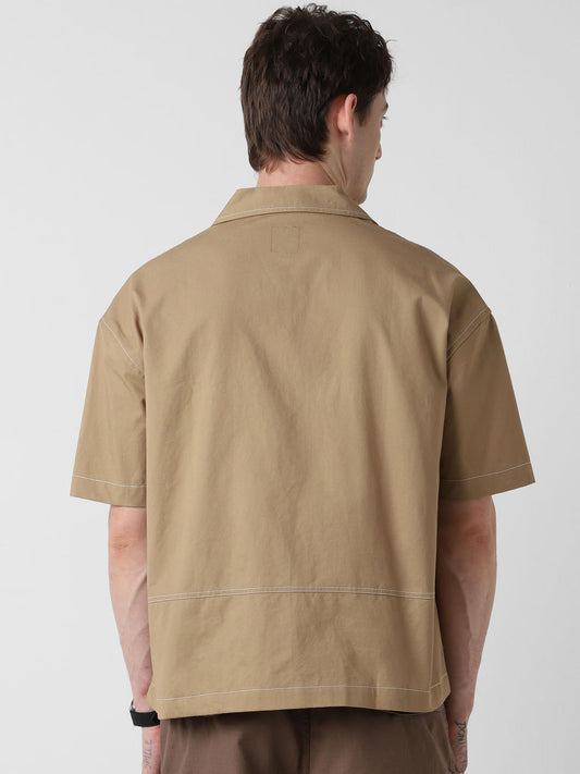 Camel Brown Double Pocket Oversized Cropped Shirt