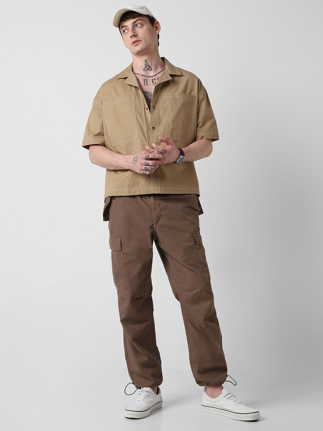 Camel Brown Double Pocket Oversized Cropped Shirt